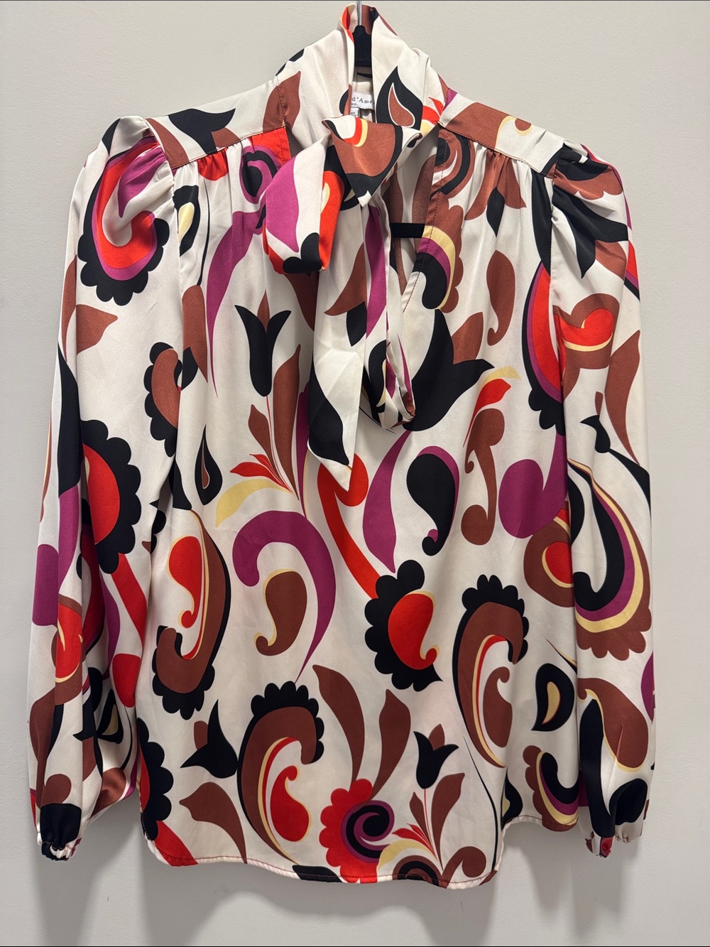 Paisley Tie-Neck Blouse in Cream and Multicolor